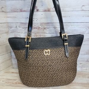 Eric Javits Squishee Jav  black & brown woven zip top tote bag